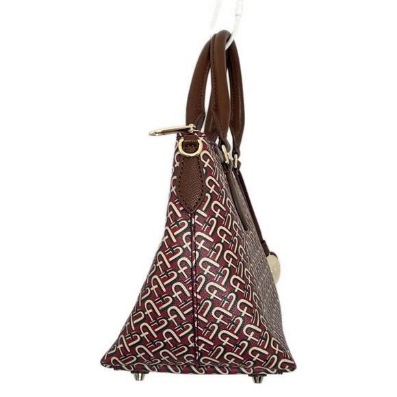 Auth FURLA - Red Dark Brown Khaki Leather Handbag - Picture 9 of 9